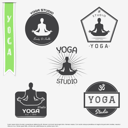 Yoga studio, fitness and meditation class. Set of typographic labels, stickers, logos and badges. Flat vector illustrationのイラスト素材