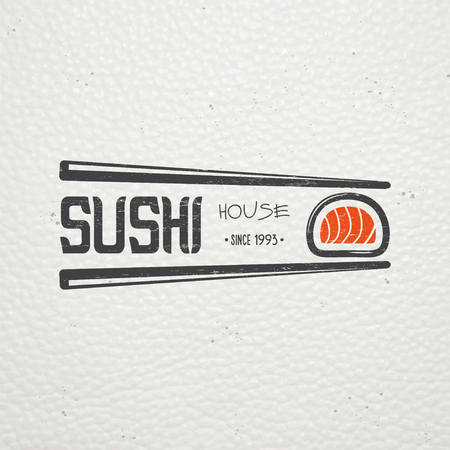 Sushi and rolls a set. Japanese kitchen. Food service. Old retro vintage grunge. Scratched, damaged, dirty effect. Typographic labels, stickers, logos and badges. Flat vector illustrationのイラスト素材