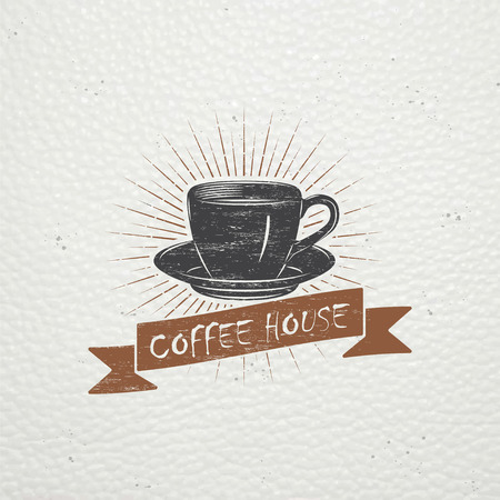 Coffee shop and cafe. The food and service. Old retro vintage grunge. Scratched, damaged, dirty effect. Typographic labels, stickers, logos and badges. Flat vector illustrationのイラスト素材