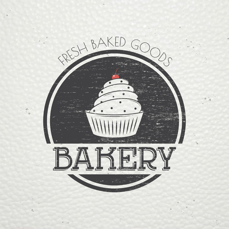 Sweet Cupcakes. Bakery baking. Cafes and eateries. The food and service. Old retro vintage grunge. Scratched, damaged, dirty effect. Typographic labels, stickers, logos and badges. Flat vector illustrationのイラスト素材