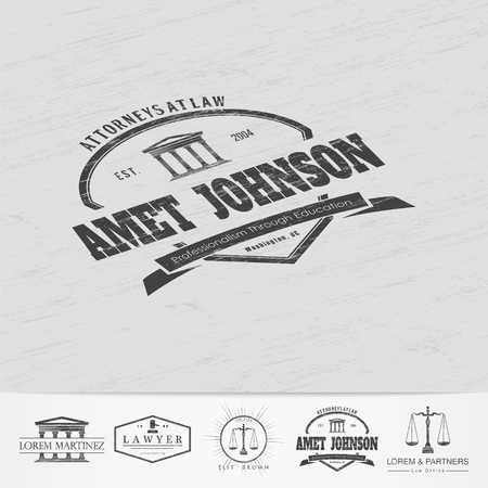 Lawyer services. Law office. The judge, the district attorney, the lawyer of vintage labels. Old retro vintage grunge. Typographic labels, stickers, logos and badges. Flat vector illustrationのイラスト素材