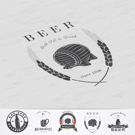 Beer and brewing. Beer festival Oktoberfest. Brewing typographic labels, logos and badges. Grunge Effect. Flat vector illustrationのイラスト素材