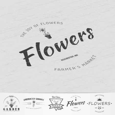 A farm growing flowers. Gardening Tools Shop. Garden Center set of vintage labels. Monochrome typographic labels, stickers, logos and badges.のイラスト素材