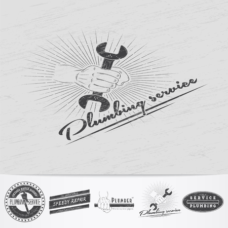 Plumbing service. Home repairs. Repair and maintenance of buildings.Old retro vintage grunge. Scratched, damaged, dirty effect. Monochrome typographic labels, stickers, logos and badges. Flat vector illustrationのイラスト素材
