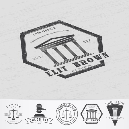 Lawyer services. Law office. The judge, the district attorney, the lawyer of vintage labels. Old retro vintage grunge. Typographic labels, stickers, logos and badges. Flat vector illustrationのイラスト素材