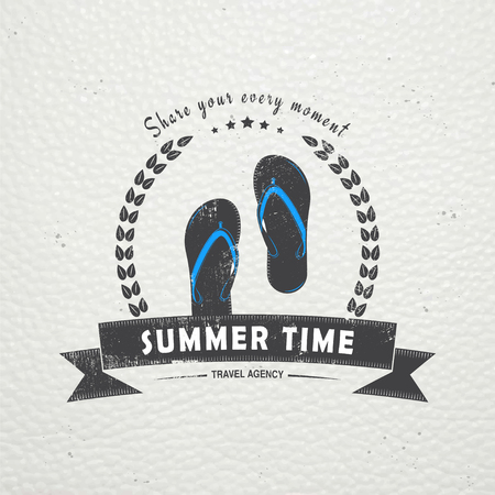 Summer time. Tourist agency. Travel around the world. Detailed elements. Old retro vintage grunge. Scratched, damaged, dirty effect. Typographic labels, stickers and badges. Flat vector illustrationのイラスト素材