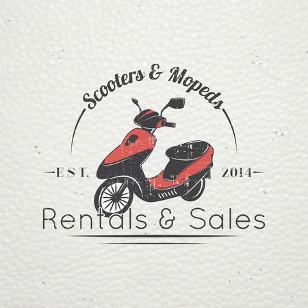 Rent, sale and repair - bicycles, mopeds and scooters. Bicycling Club. Detailed elements. Old retro vintage grunge. Scratched, damaged, dirty effect. Typographic labels, stickers and badges. Flat vector illustrationのイラスト素材