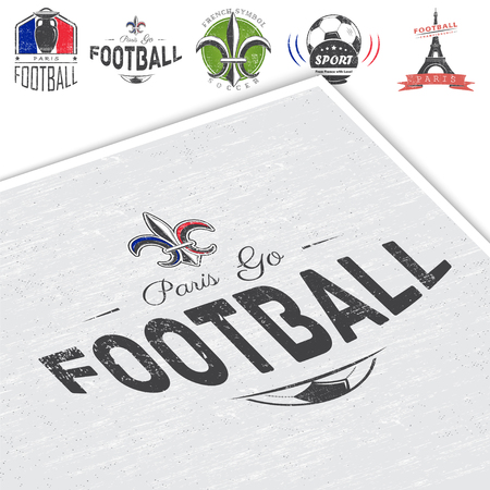 Football Championship. Soccer time. Detailed elements. Old retro vintage grunge. Scratched, damaged, dirty effect. Typographic labels, stickers, logos and badges. Flat vector illustrationのイラスト素材