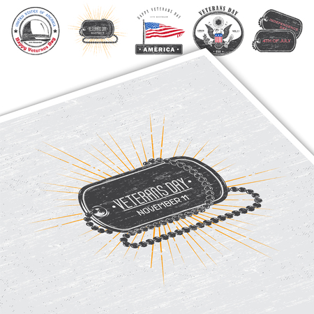 Happy veterans day. Detailed elements. Old retro vintage grunge. Scratched, damaged, dirty effect. Typographic labels, stickers and badges. Flat vector illustrationのイラスト素材