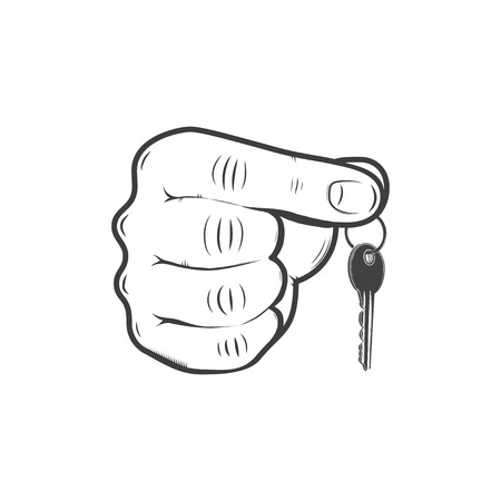 Hand with key. Fist and detailed key isolated on white background. Flat vector illustrationのイラスト素材