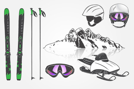 Set Ski Club Team. Mountain and Outdoor Adventures. Rent a snowmobile for winter holidays and vacation. Typographic labels, stickers, logosのイラスト素材
