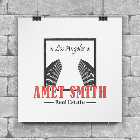 Real estate agency. Buy, Sell and Consultancy. Detailed elements. Old retro vintage grunge. Scratched, damaged, dirty effect. Mock up style.のイラスト素材