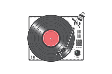 Retro Vinyl player with a vinyl disk. Detailed elements. Old retro vintage player icon. Flat vector illustrationのイラスト素材