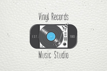 Vinyl record music in the studio. Detailed elements. Old retro vintage grunge. Typographic labels, stickers, logos and badges. Flat vector illustrationのイラスト素材