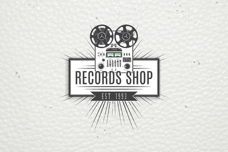 Color sticker music shop and studio recording. Detailed elements. Old retro vintage grunge. Typographic labels, stickers, logos and badges. Flat vector illustrationのイラスト素材