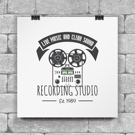 Color sticker studio recording and music shop. Detailed elements. Old retro vintage grunge. Typographic labels, stickers, logos and badges. Flat vector illustrationのイラスト素材