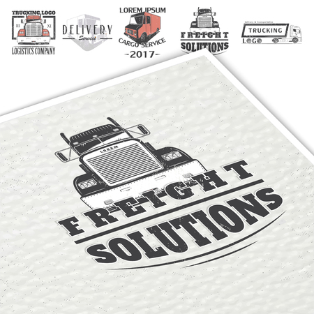 Delivery service. Cargo transportation and logistics. Freight Solutions. Trucking Logo Detailed. Typographic labels, stickers, logos and badges.のイラスト素材