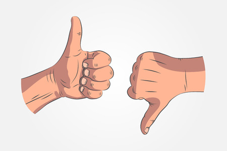 Realistic sketch hands - gestures. Hand-drawn icon hands showing Ok sign or thumbs up. Hand thumb down or rejection symbol.のイラスト素材