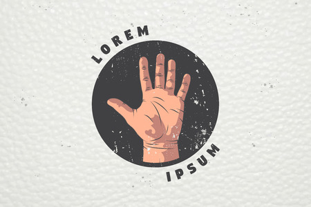 Realistic hand gesture is a stop or ban. Prohibition sign. Label with hand and text. Typographic labels, stickers, logos and badges. Flat vector illustrationのイラスト素材