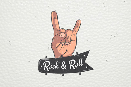 Realistic hand Rock and Roll hand sign. Rock human hand. Typographic labels, stickers, logos and badges. Flat vector illustrationのイラスト素材
