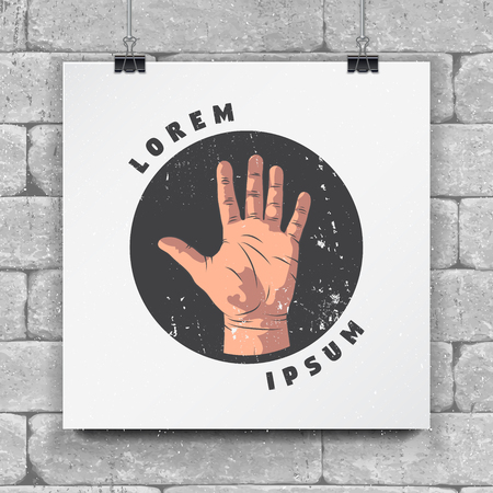 A realistic hand gesture is a stop or ban. Prohibition sign. Label with hand and text. Typographic labels, stickers, logos and badges. Flat vector illustrationのイラスト素材
