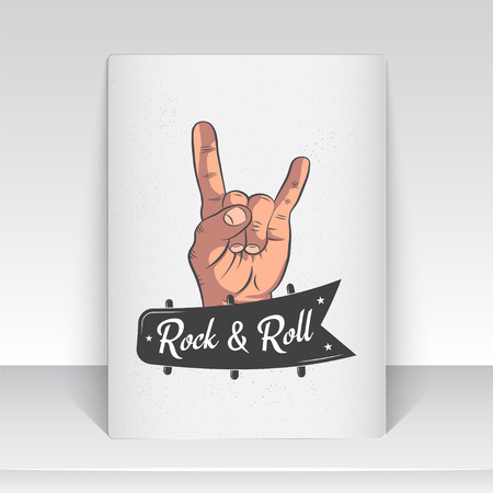 Realistic hand Rock and Roll hand sign. Rock human hand. Label with hand and text typographic labels, stickers, logos and badges flat vector illustrationのイラスト素材