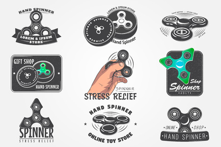 Set of Hand Fidget Spinner Stress Relief Toys. Detailed object. Typographic labels, stickers, logos and badges. Flat vector illustrationのイラスト素材