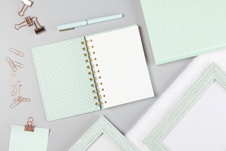 Flat lay stationery collocate on work desk in pastel colorful