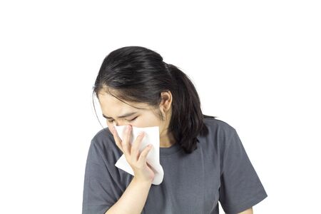asian woman feel have fever and sickの写真素材