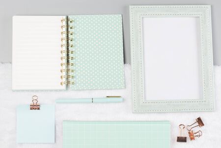 flat lay stationery on work desk in gray pastel backgroundの写真素材