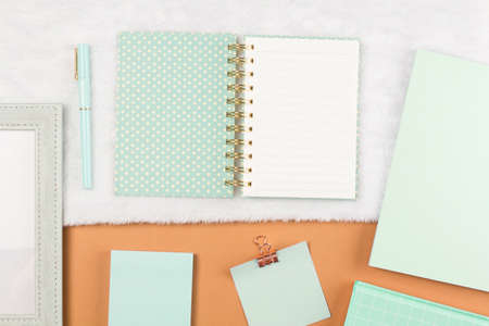 flat lay stationery on work desk in brown pastel background
