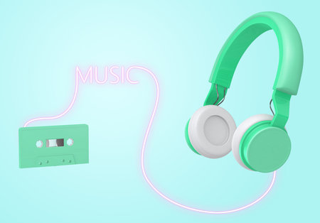 green wireless headphones link cassette tapes on blue background , 3d rendering