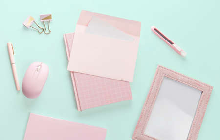 flat lay pink book and stationery on green pastel backgroungの写真素材