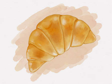 Watercolor painted breakfast bakery croissant on paperの写真素材