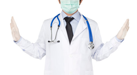 doctor raise one's hand stop various things in white backgroundの写真素材