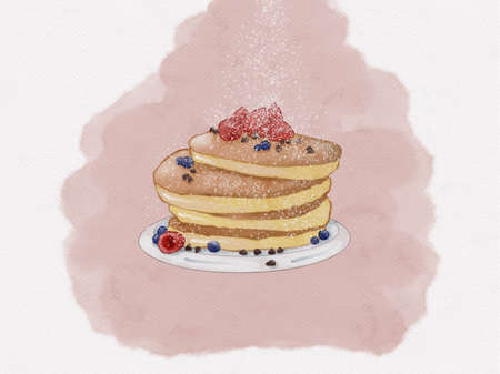 Watercolor painted breakfast bakery pancake on white paper