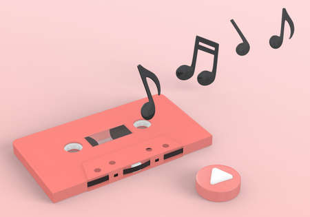 note audio music and retro cassette tapes on red color , 3D renderingの写真素材