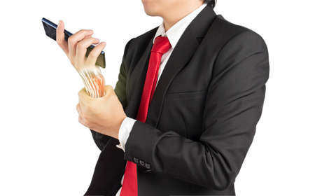 office worker holding mobile phone feels pain his wrist , wrist muscle painの写真素材