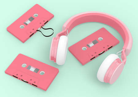wireless headphones and retro cassette tapes on green backgroud, 3D renderingの写真素材