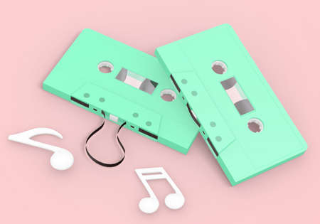 wireless headphones and retro cassette tapes , 3D renderingの写真素材