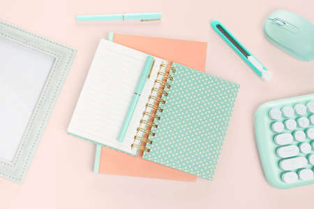 flat lay old rose book and green stationeryの写真素材