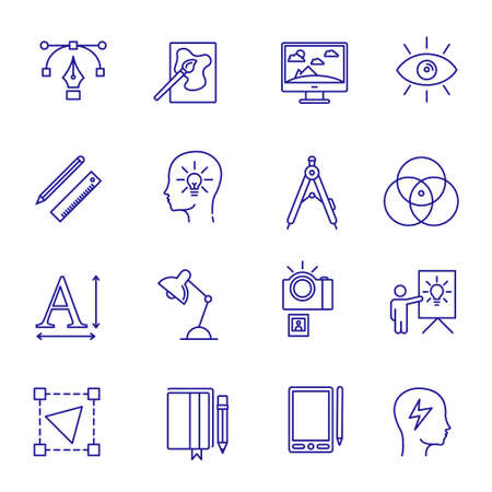 Graphic design line thin icon art idea. Vector graphic design icon set project portfolio tool for website design.のイラスト素材