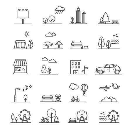 City park tree environment garden house urban street. City landscape garden bench outdoor symbol set.のイラスト素材