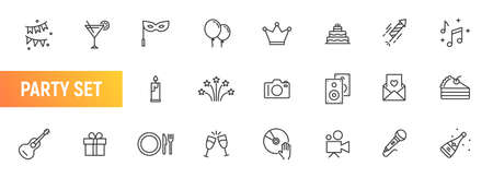 Event party line vector icon set. Happy music birthday outline dinner holiday icon confetti decoration sign.のイラスト素材