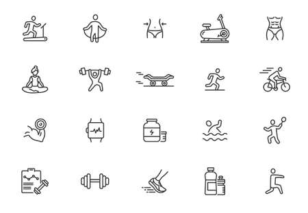 Health sport fitness line icon set. Workout healthy food energy training muscle personal plan icon set.のイラスト素材