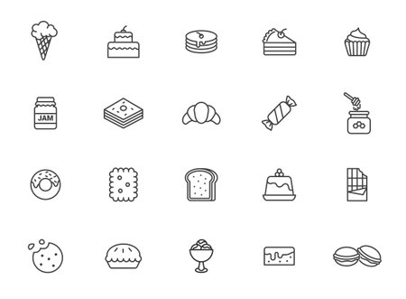 Dessert vector pastry line icon set. Cake sweet food bakery candy waffle cookie pie chocolate croissant bisquit symbol.のイラスト素材