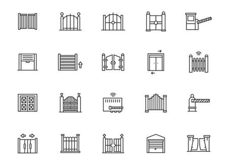 Vector fence gate line icon set. Metal house gate entrance garage gateway symbol design. Mesh barrier steel border doorのイラスト素材