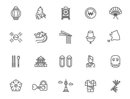 Korean symbol line icon. Korea house chuseok gift illustration musical socks vector food korean culture seoul landmark iconのイラスト素材
