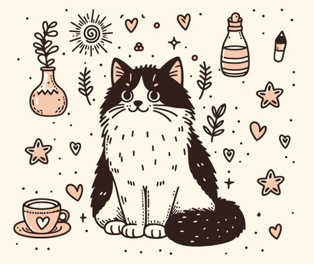 Whimsical cat playful doodle art. Charming artistic cat animal heart sketch designのイラスト素材
