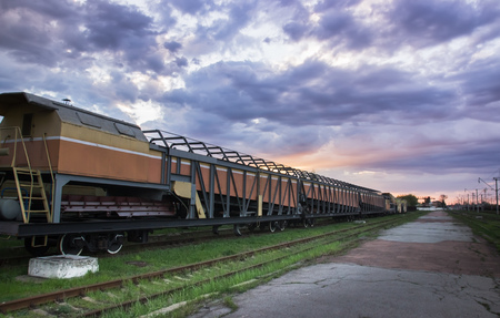Cargo train platform with freight train containerの写真素材